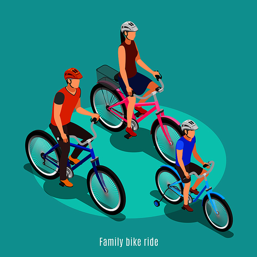 Active family isometric background with father son and daughter riding bike  in helmets vector illustration