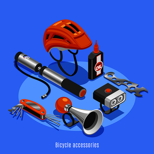 Bicycle accessories  background with helmet pump klaxon spanner bottle of chain oil icons isometric vector illustration