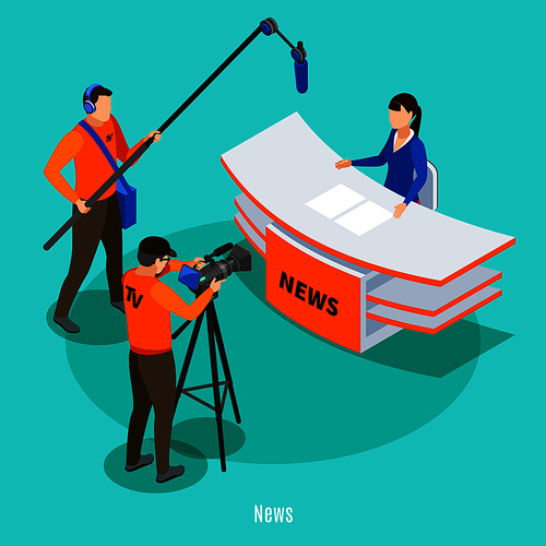 Live news in tv studio isometric background with shooting crew and announcer at working place vector illustration