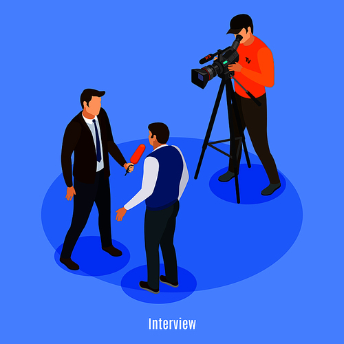 Broadcast telecommunication isometric background with shooting crew and man giving interview vector illustration