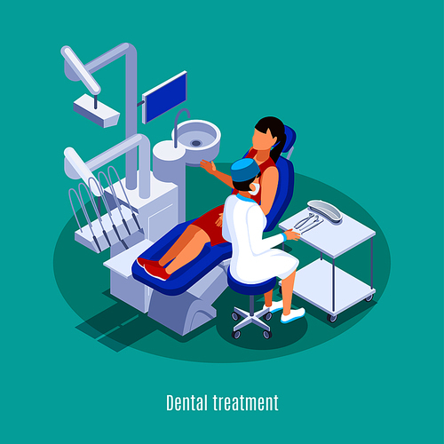 Dentistry dental oral medicine practice isometric composition with female patient checkup treatment mint green background vector illustration