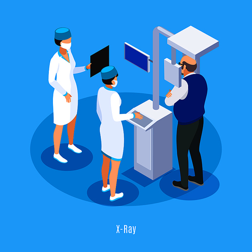 Dentist office x ray ct scan isometric composition with medical technician assistant patient blue background vector illustration