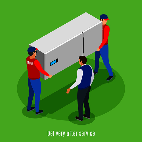 Service centre isometric background with text and human characters of servicemen carrying fridge with house master vector illustration
