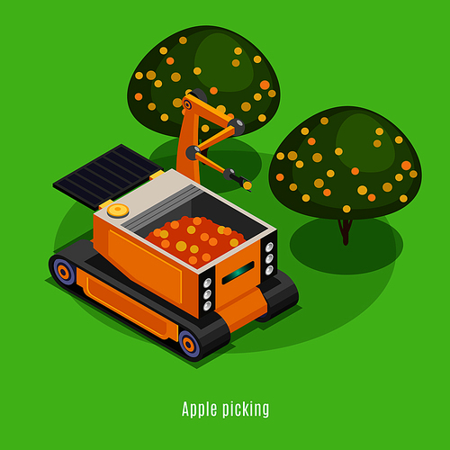 Agricultural harvesting robots isometric  composition with automated robotic arm machinery picking fruits from trees background vector illustration