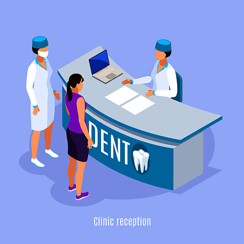 Dental clinic reception area isometric composition with patient and assistant making appointment light blue background vector illustration
