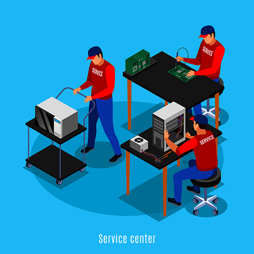 Service centre isometric background with view of people performing repairs of computer equipment and consumer electronics vector illustration
