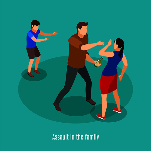 Alcoholism family violence in front of kids isometric background composition with drunk man fighting with spouse vector illustration
