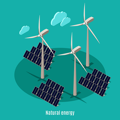 Smart urban ecology isometric background with text and images of windmills turbine towers and solar batteries vector illustration