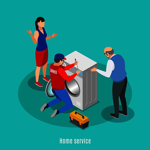 Service centre isometric background with characters of house masters and maytag repairman in uniform with text vector illustration