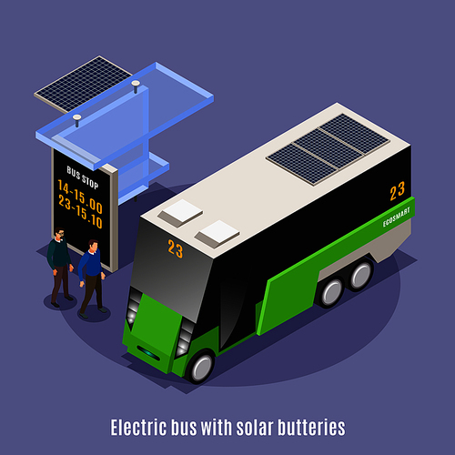Smart urban ecology isometric background with view of modern bus shelter and electric omnibus with text vector illustration
