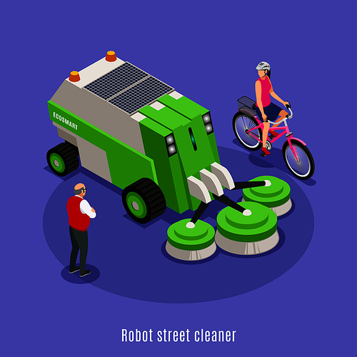 Isometric background with robot street cleaner car with circular brushes surrounded by people characters with text vector illustration