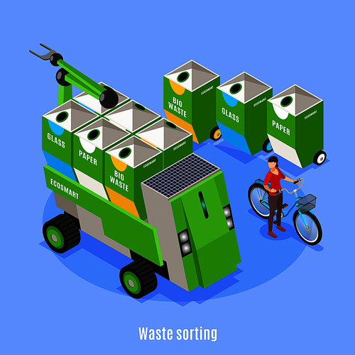 Smart urban ecology isometric background with images of bins for waste sorting and refuse collection vehicle vector illustration