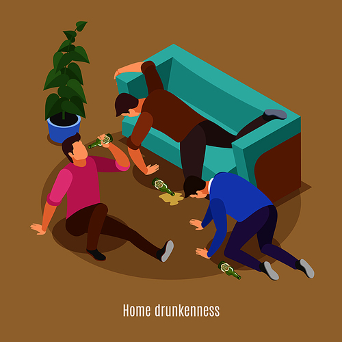 Isometric background with text and human characters of drunk people on floor and sofa with bottles vector illustration