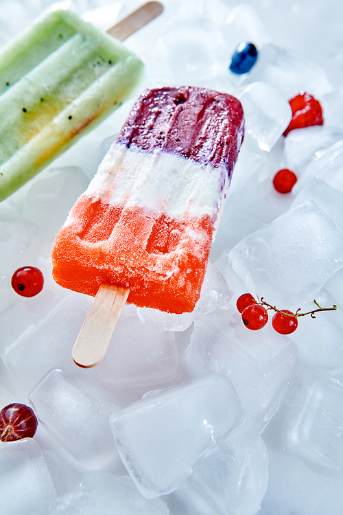 Ice cream blackberry on a stick with raspberry and red currant berries on a ice cubes background with space for text. Healthy dessert.