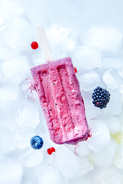 Smoothies lolly. Frozen berry healthy dessert on ice cubes with berries of blackberries, blackberries and currants. Flat lay