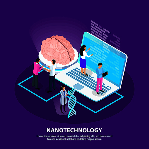 Scientists and development of nano technology for medicine on purple gradient background isometric vector illustration