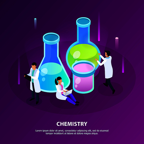 Scientific chemistry research during development of vaccines on purple background isometric vector illustration