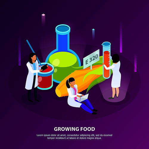 Artificial nutrition products isometric composition with scientists during growing of food on purple background vector illustration