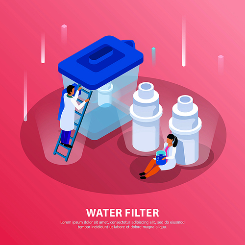 Water purification isometric background with water filter headline and scientists at the lab vector illustration