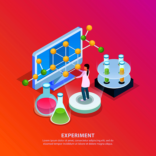 Science research isometric glow background with editable text test tubes molecule model computer and human character vector illustration