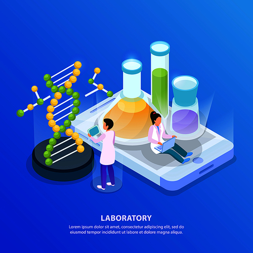 Science research isometric glow background with images of dna molecule and test tubes with colourful liquids vector illustration