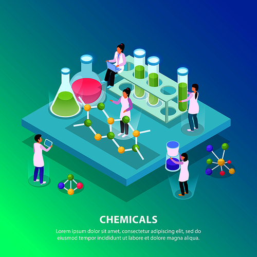 Isometric and flat chemicals background with five people work at the lab vector illustration