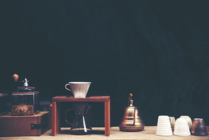 Drip coffee glass kits on the coffee bar at coffee shop cafe display.