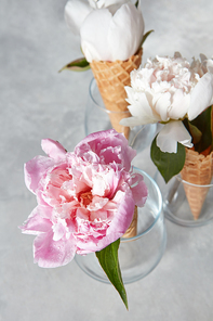 Creative composition from delicate flowers in a wafer cones with buds on a gray stone table , copy space.