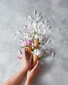 Summer flowers - fresh tender pink and white peony in a wafer cones with female hands, petals on a gray marble table. Place for text, top view. Concept of congratulations for March 8.