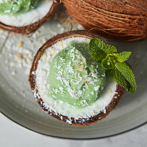 Homemade green ice cream in a coconut shell, mint leaf on a gray ceramic plate on a light gray. Top view. Vegetarian concept of diet eating