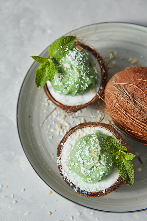 Delicious green dessert, ice cream in a coconut shell on a white plate on a gray concrete background. Top view.