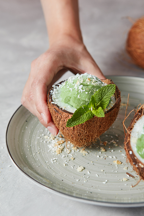 A girl hand holding a coconut with green mint sorbet, sprig of mint and coconut chips on a plate. Summer foof concept.