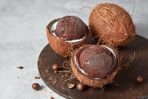Brown chocolate homemade dessert in a coconut shell on a gray concrete background with place for text. Summer dessert for vegan
