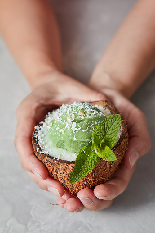 Mint green ice cream homemade in a coconut shell in the woman hands on a gray concrete background. Summer dessert for vegetarian.