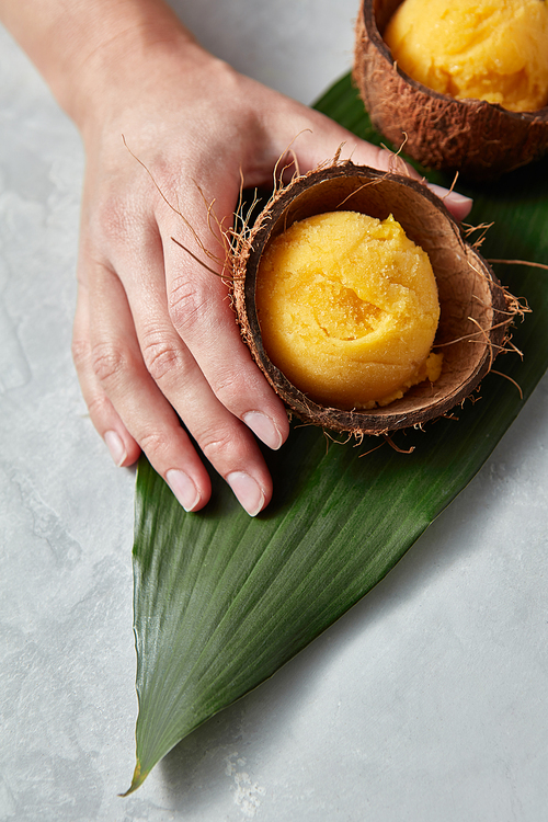 The girl's hand holds appetizing ice cream balls in a coconut shell on a green palm leaf on a gray concrete background with a copy space the close-up . Top view