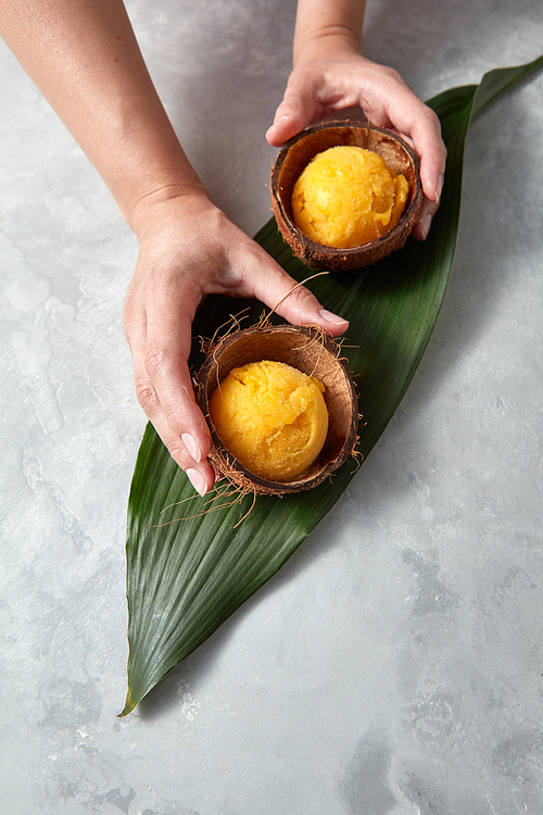 The girl's hands hold two coconut shells with mango ice cream balls on a palm leaf on a gray concrete background with a copy of the space. Top view