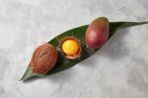 Homemade mango ice cream in a coconut shell on a green palm leaf with whole mango and coconut on a gray concrete background with copy space. Top view