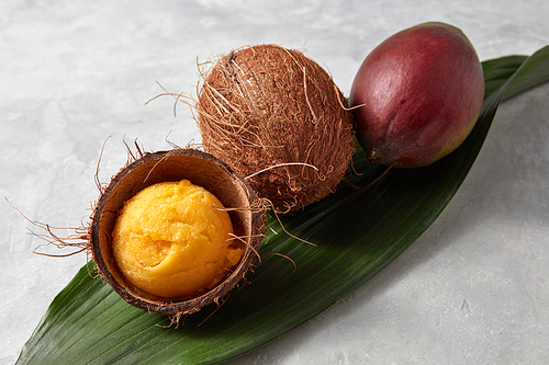 Organic whole coconut, whole mango and a mango ice cream ball in coconut shell on a gray concrete background with copy space. Top view