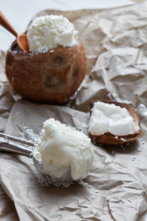 Coconut ice cream in a coconut shell with a spoon