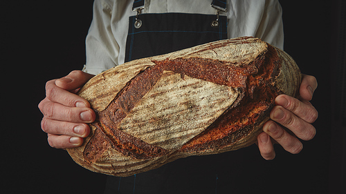 The baker's hands hold a fresh organic oval bread on a black background , cloes up