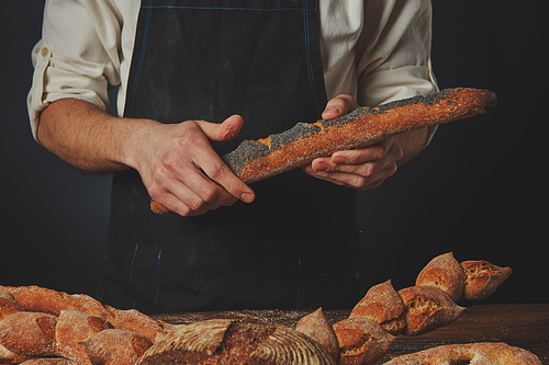 Men's hands hold a baguette with poppy seeds and a table with different breads