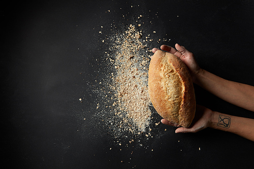 Baking and cooking concept background. Someone holding fresh break over black background. Grain bread with flour.