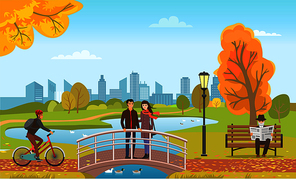 Couple standing on bridge, cycling biker wearing protective helmet and old man reading daily newspaper. City town with autumnal tree park view vector