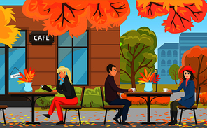 Autumn park with cafe, couple drinking coffee and woman reading menu at table. Fall leaves, romantic date near single visitor vector illustration.