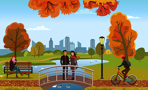 Couple people in love on bridge feeding animals autumn vector. Woman talking on phone sitting on wooden bench. Biker with protective helmet riding
