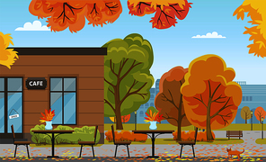 Autumn city park with tables near cafe building. Bistro or restaurant among fall leaves on trees, ginger cat and wooden bench vector illustration.