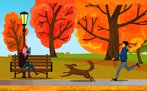 Autumn park, man running with dog near woman talking by phone on bench under streetlight. Fall leaves, domestic pet, smartphone vector illustration.