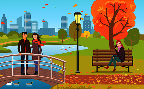 Autumn park with pond, couple crossing bridge and woman on bench talking by phone. Streetlight among flying fall leaves or trees vector illustration.