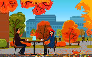 Autumn park and couple drinking coffee near cafe. Woman in hat in front of man with hot beverages among fall trees, ginger cat vector illustration.