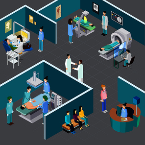 Medical equipment isometric composition with human characters of health professionals and patients in various hospital rooms vector illustration